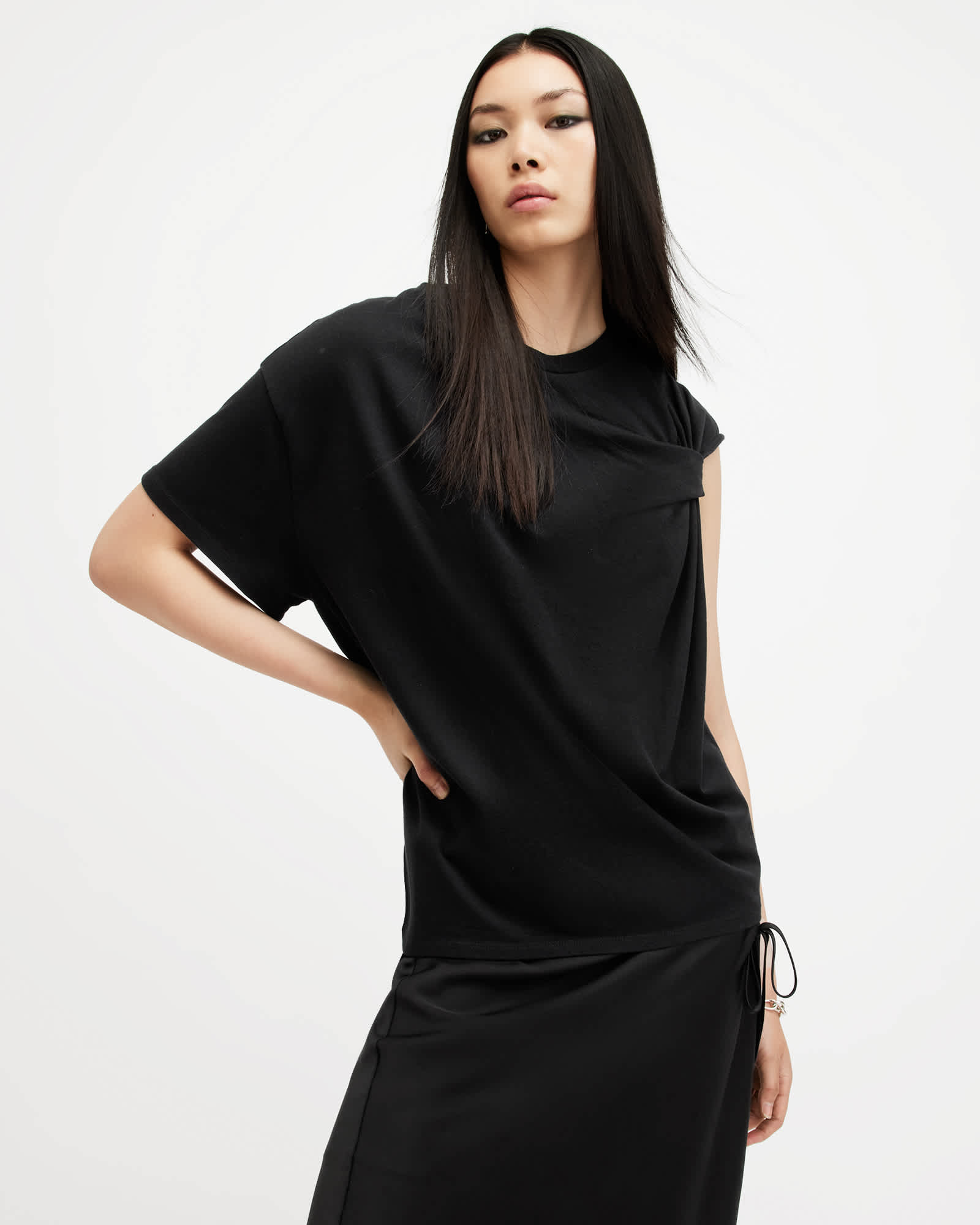 All Saints Onyx Twisted Asymmetric T-Shirt Black