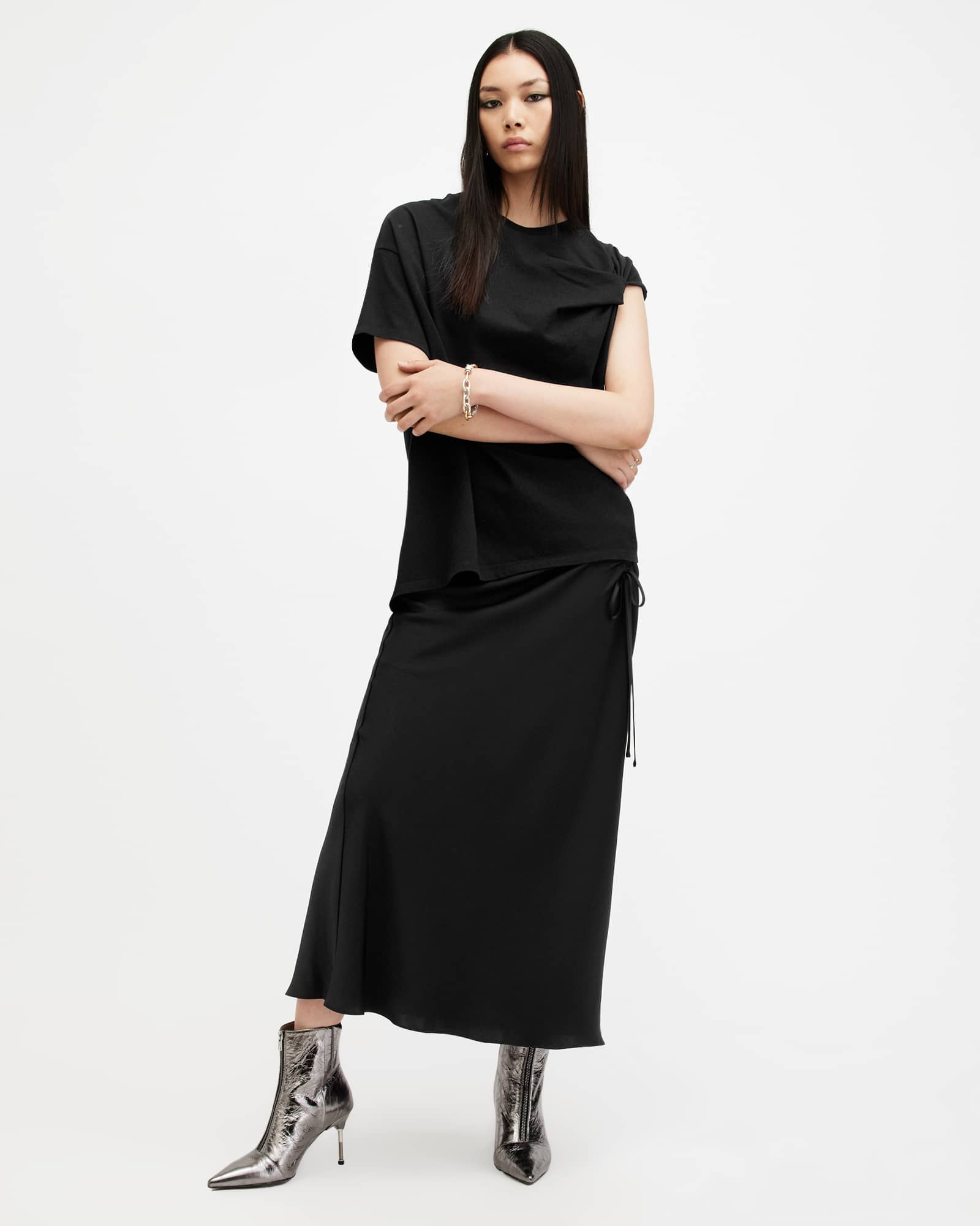 All Saints Onyx Twisted Asymmetric T-Shirt Black