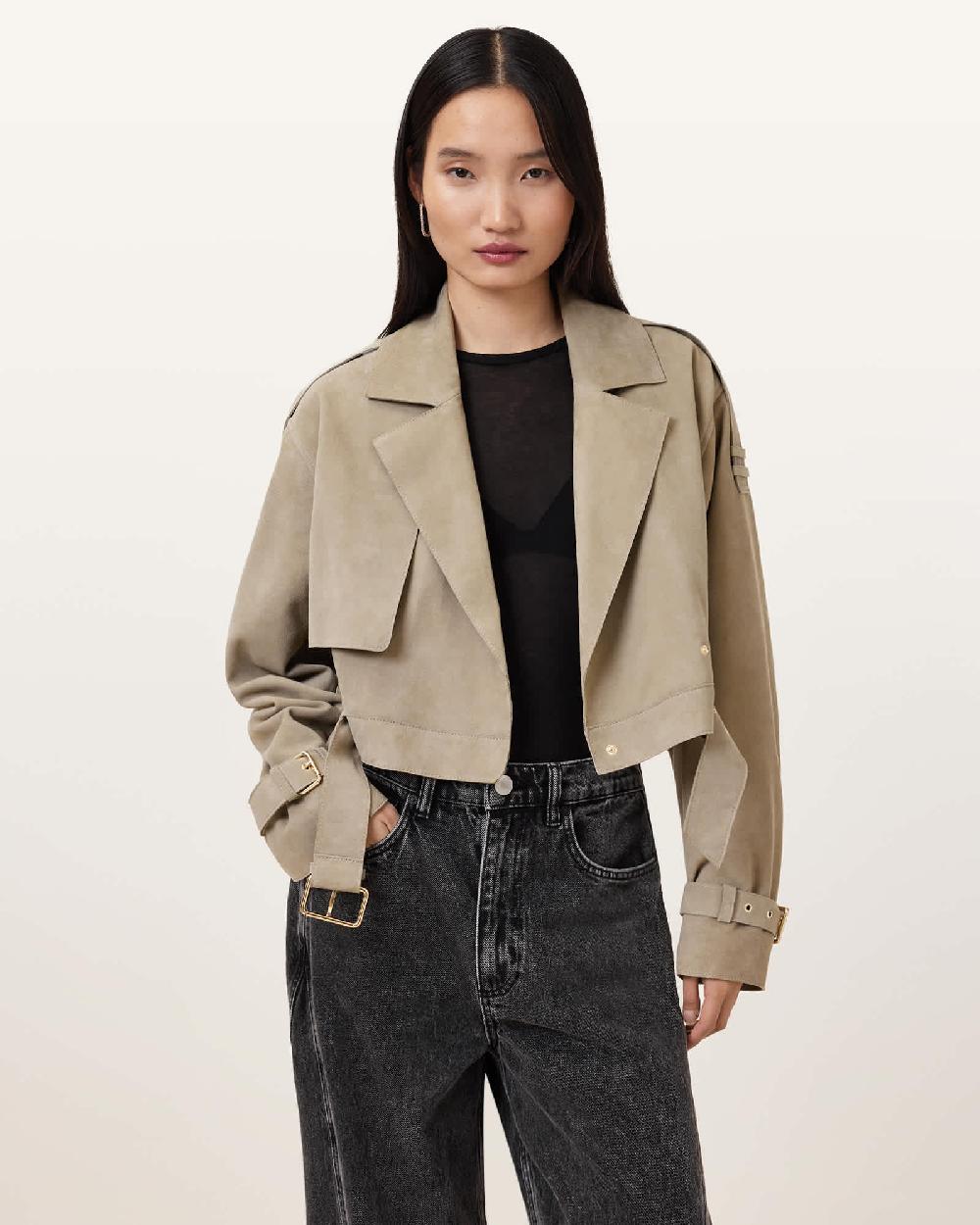 All Saints Ophelia Cropped Suede Jacket Sage Green