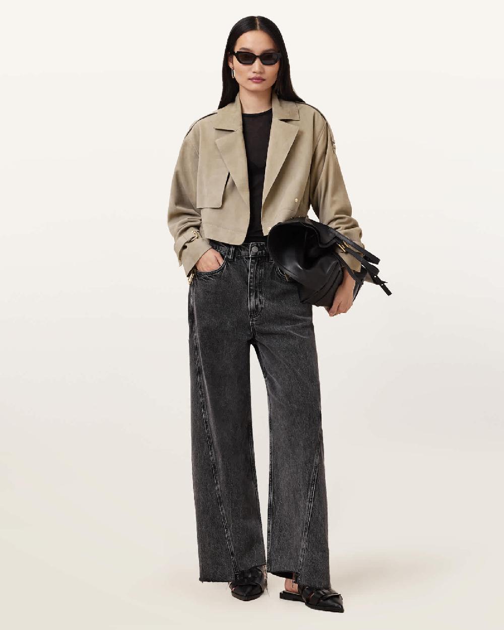 All Saints Ophelia Cropped Suede Jacket Sage Green