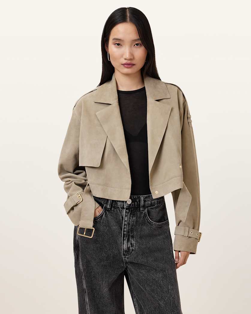 all saints Ophelia Cropped Suede Jacket Sage Green