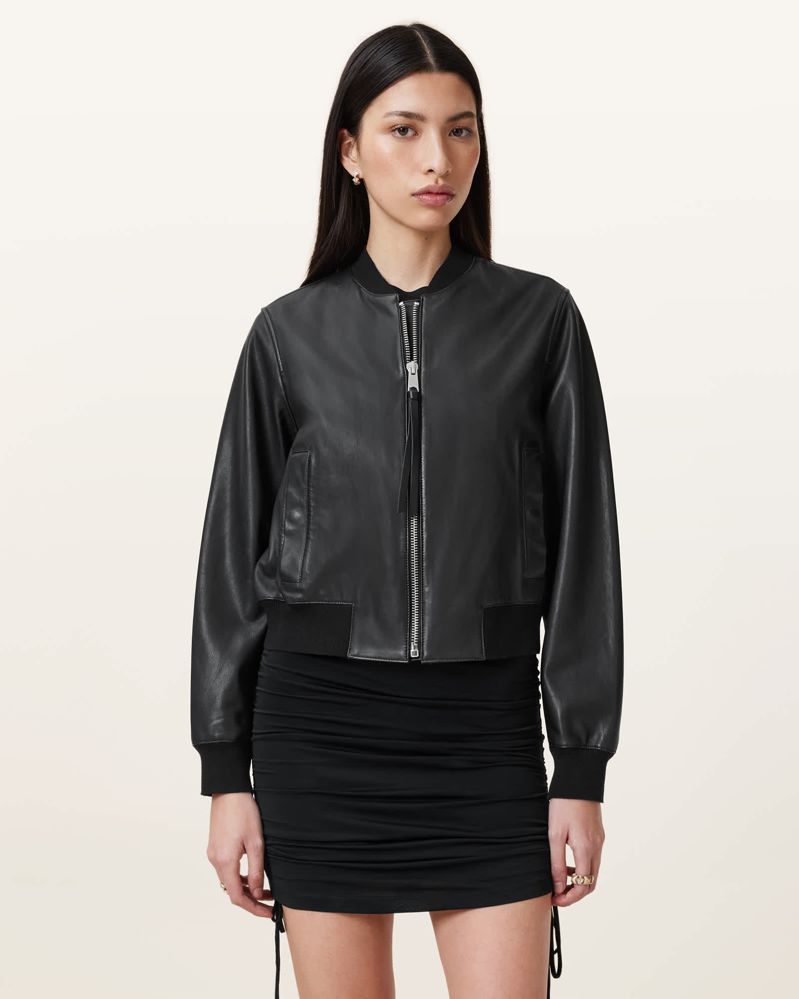 All Saints Orten Leather Bomber Jacket Black