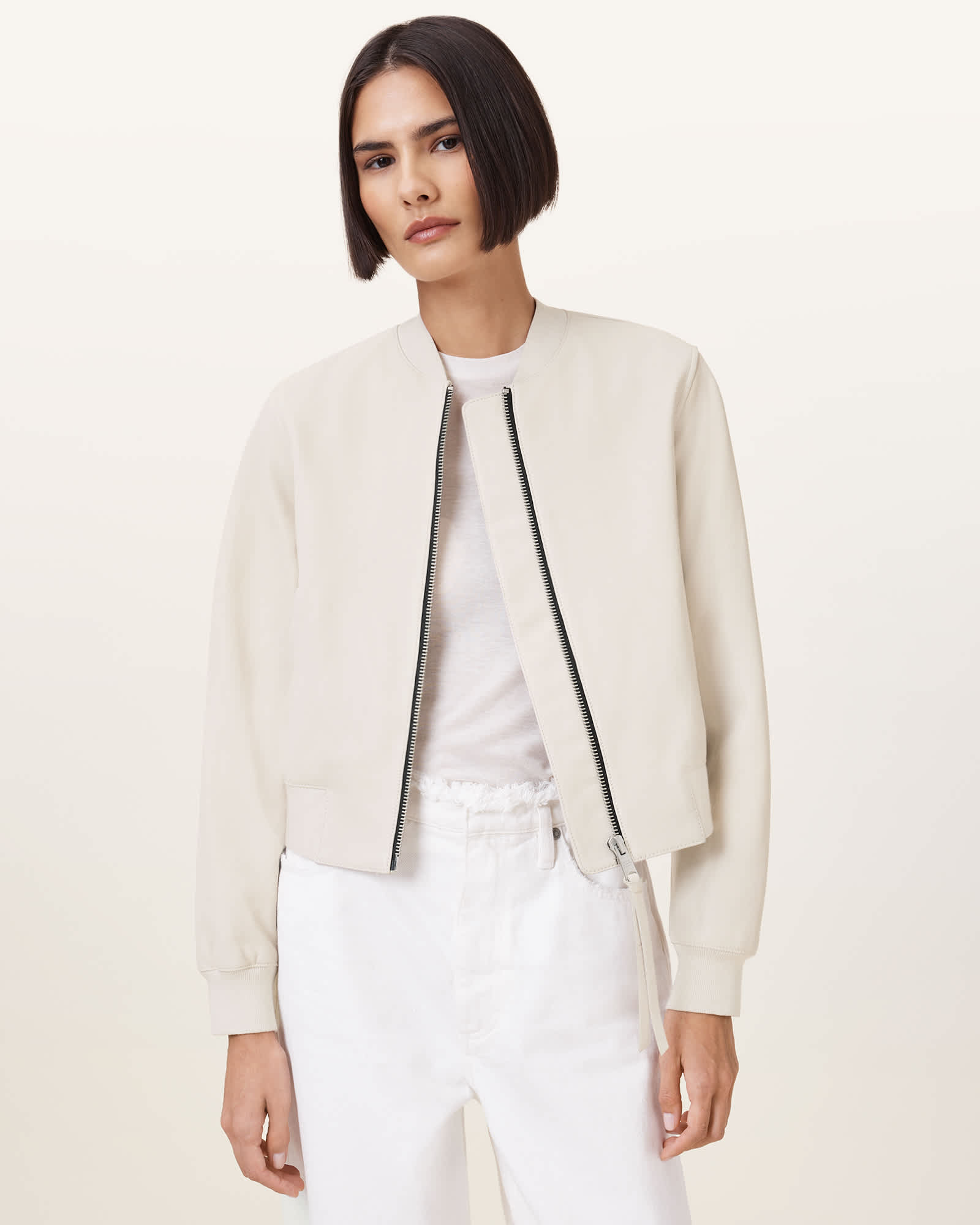 All Saints Orten Leather Bomber Jacket Onyx White