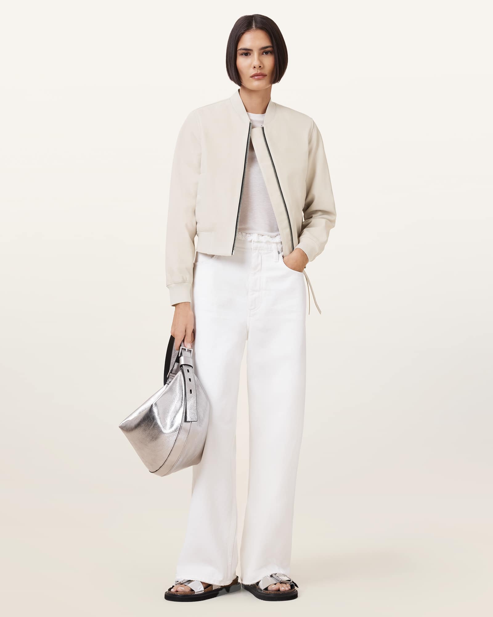 All Saints Orten Leather Bomber Jacket Onyx White