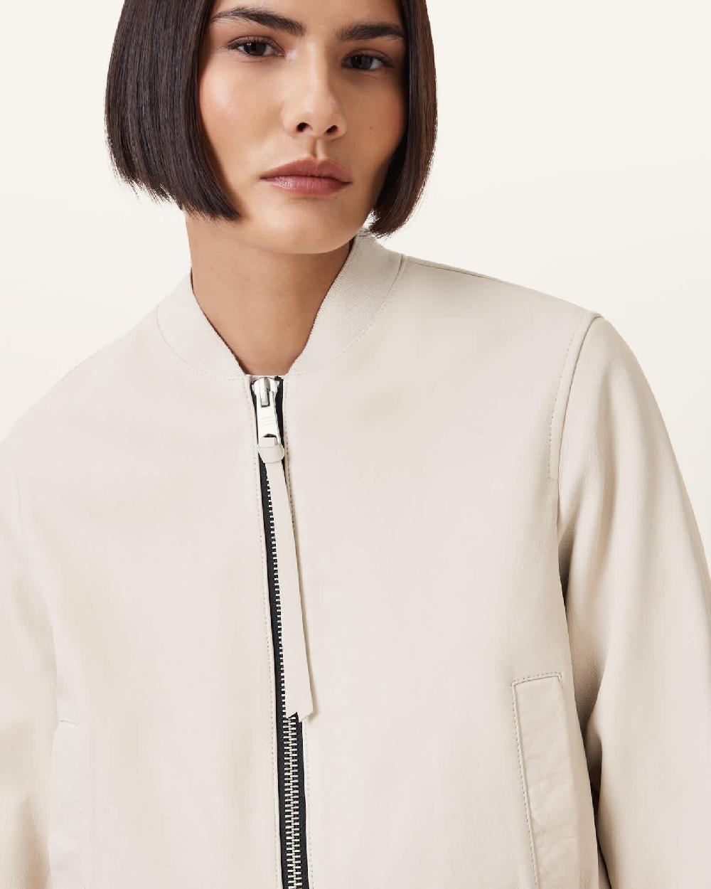 All Saints Orten Leather Bomber Jacket Onyx White