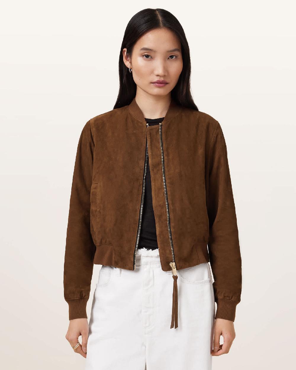 All Saints Orten Suede Bomber Jacket Cognac Brown