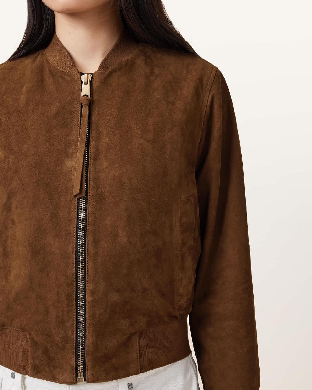 All Saints Orten Suede Bomber Jacket Cognac Brown