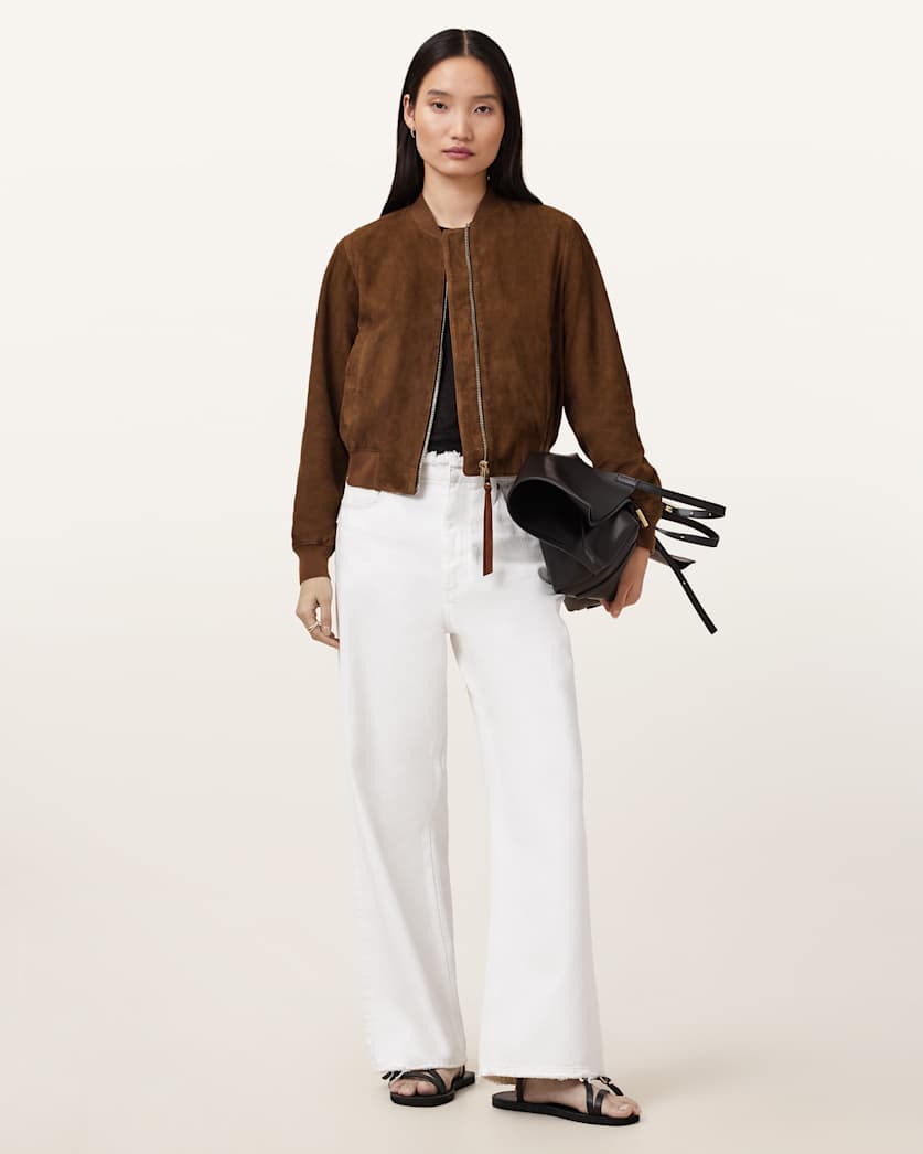 all saints Orten Suede Bomber Jacket Cognac Brown