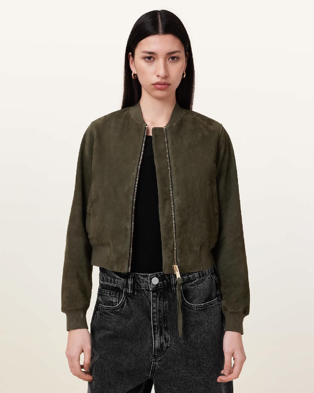 All Saints Orten Suede Bomber Jacket Khaki Green