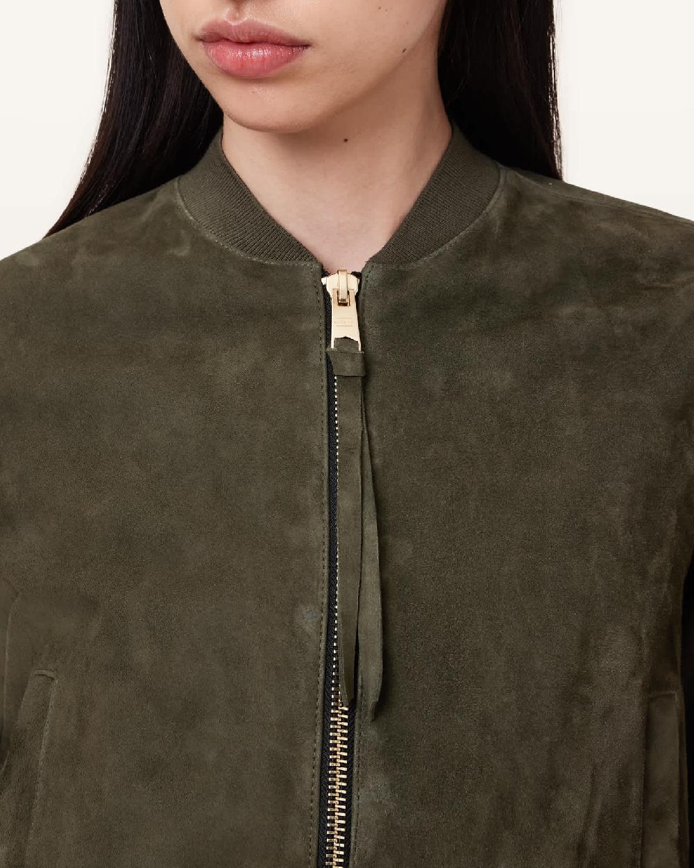 All Saints Orten Suede Bomber Jacket Khaki Green