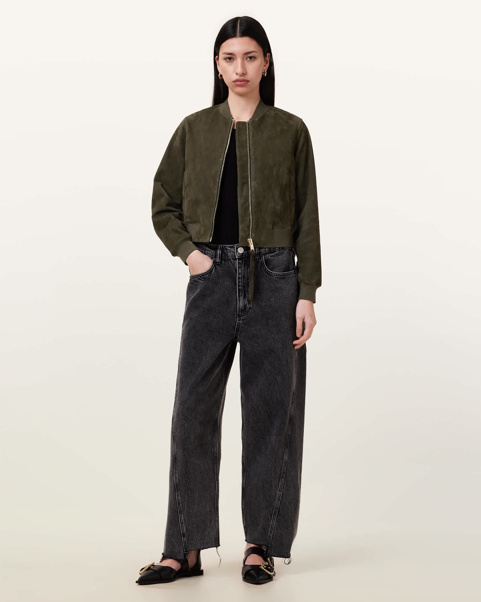 All Saints Orten Suede Bomber Jacket Khaki Green