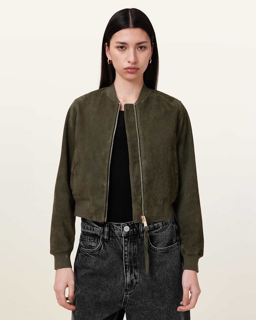 all saints Orten Suede Bomber Jacket Khaki Green