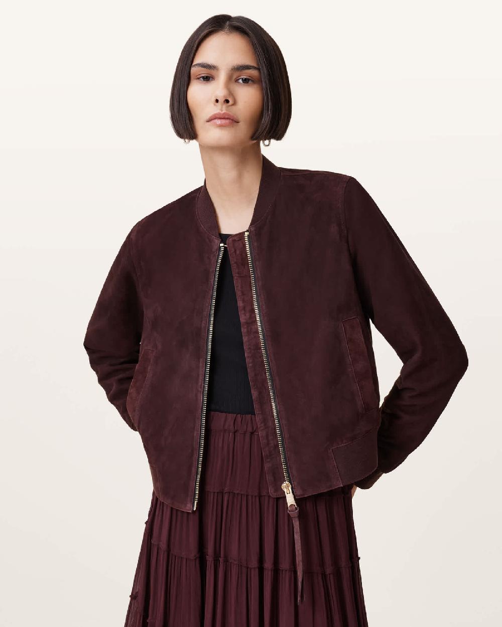 All Saints Orten Suede Bomber Jacket Oxblood Red