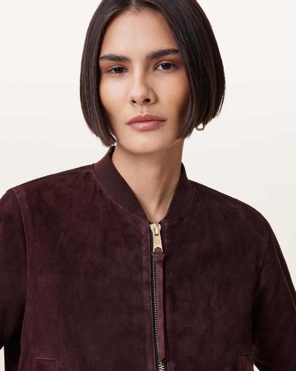 All Saints Orten Suede Bomber Jacket Oxblood Red