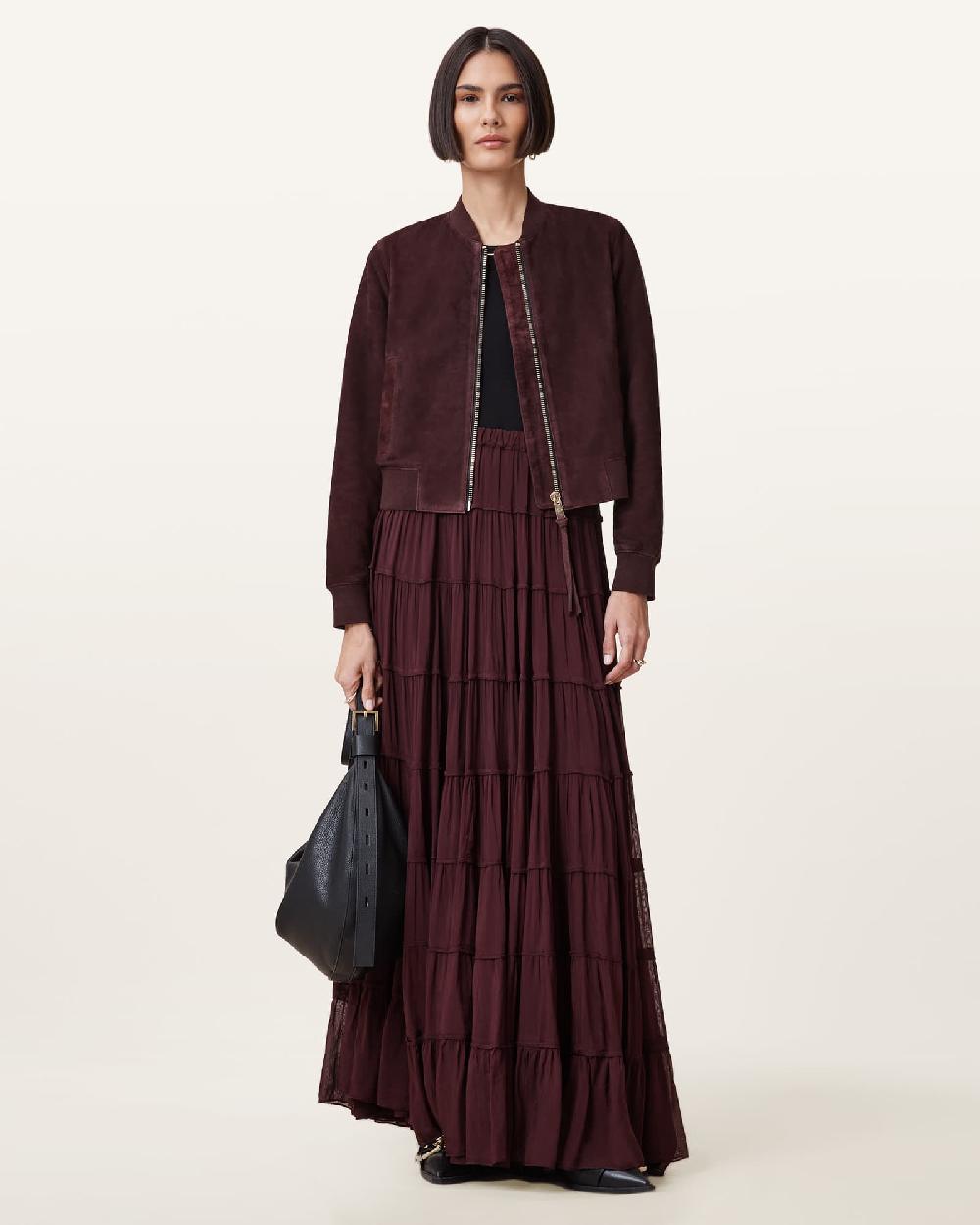 All Saints Orten Suede Bomber Jacket Oxblood Red