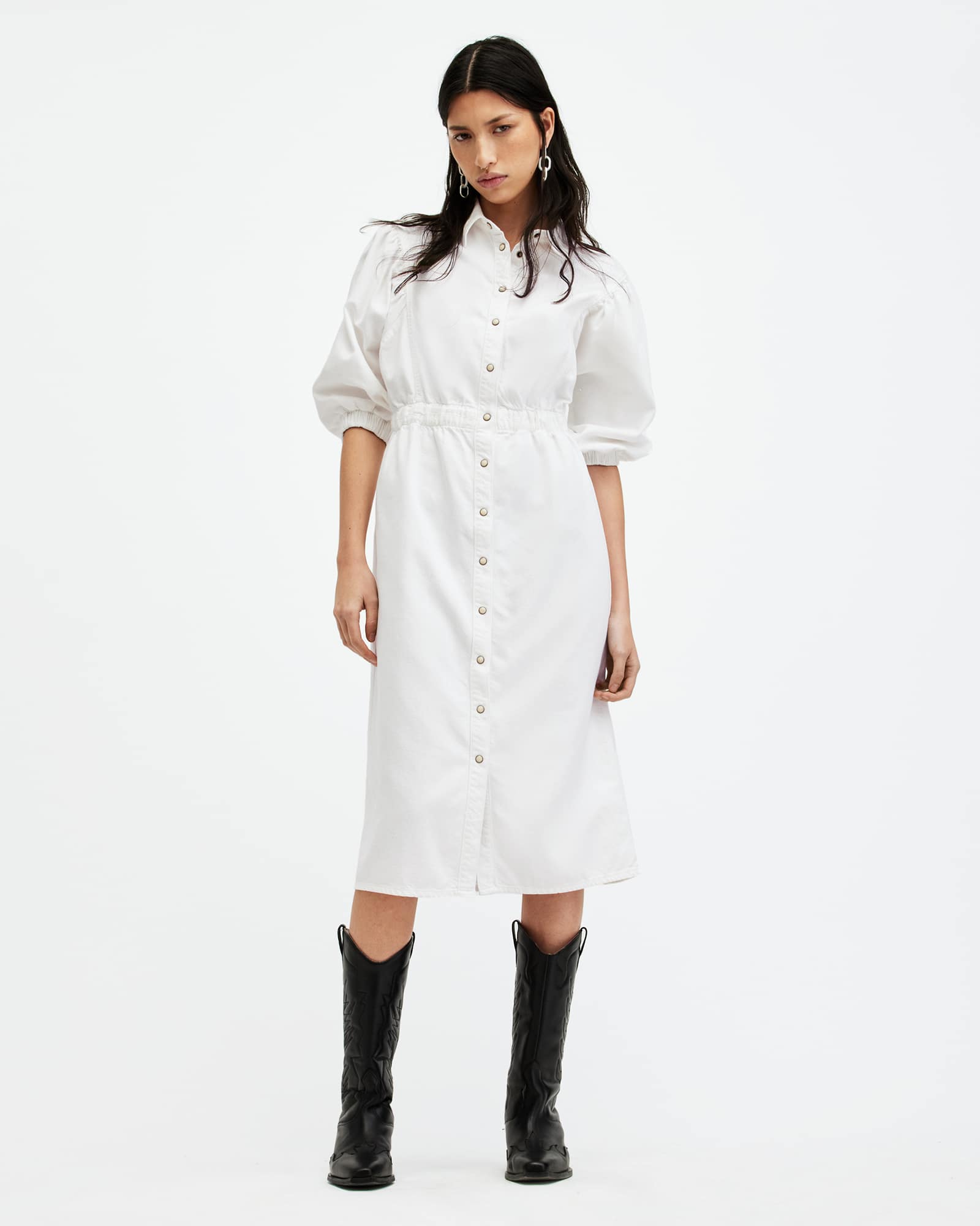 All Saints Osa Denim Midi Dress Chalk White