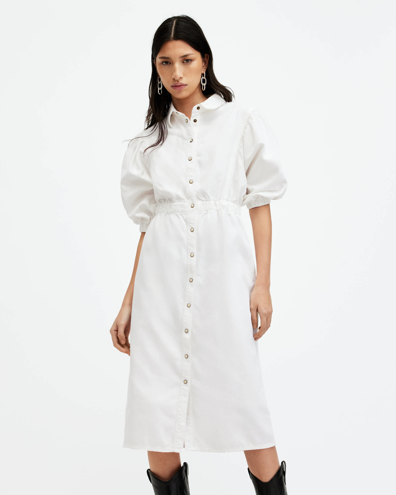 All Saints Osa Denim Midi Dress Chalk White