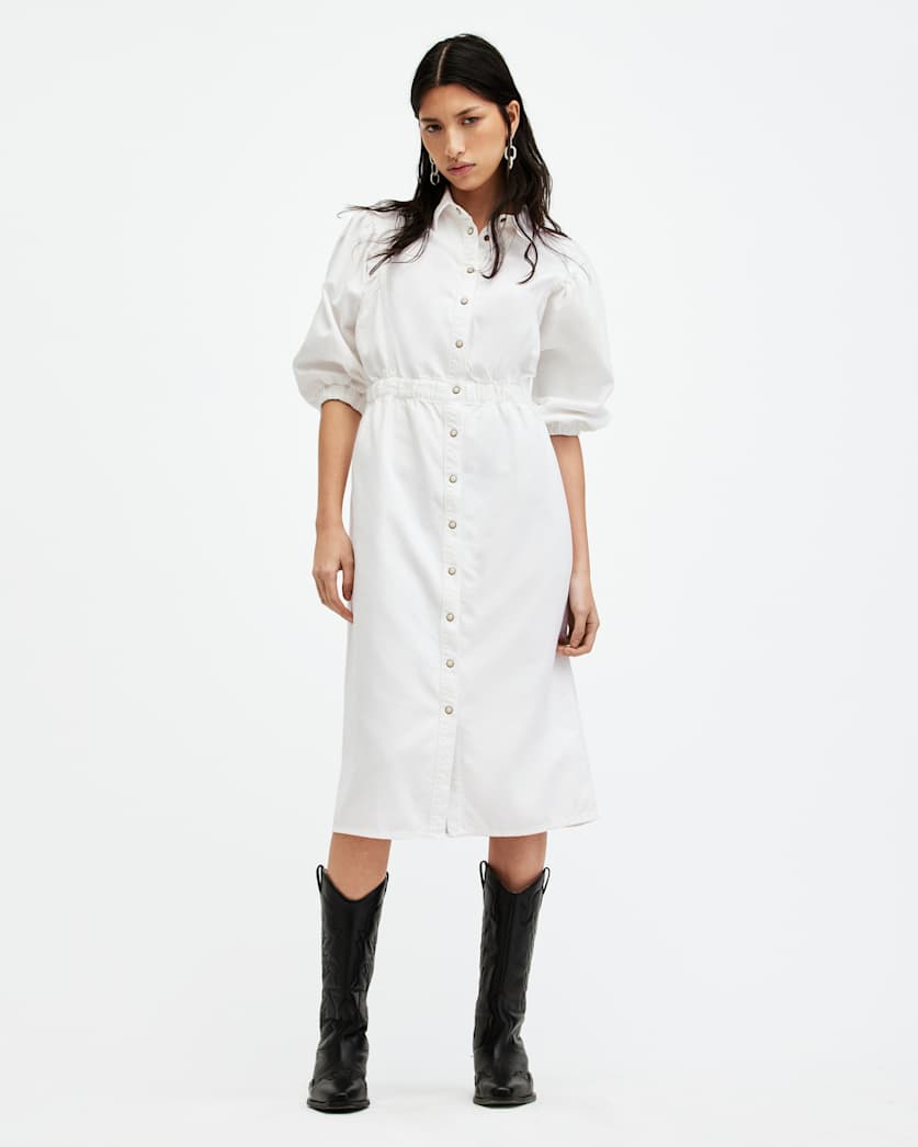 all saints Osa Denim Midi Dress Chalk White