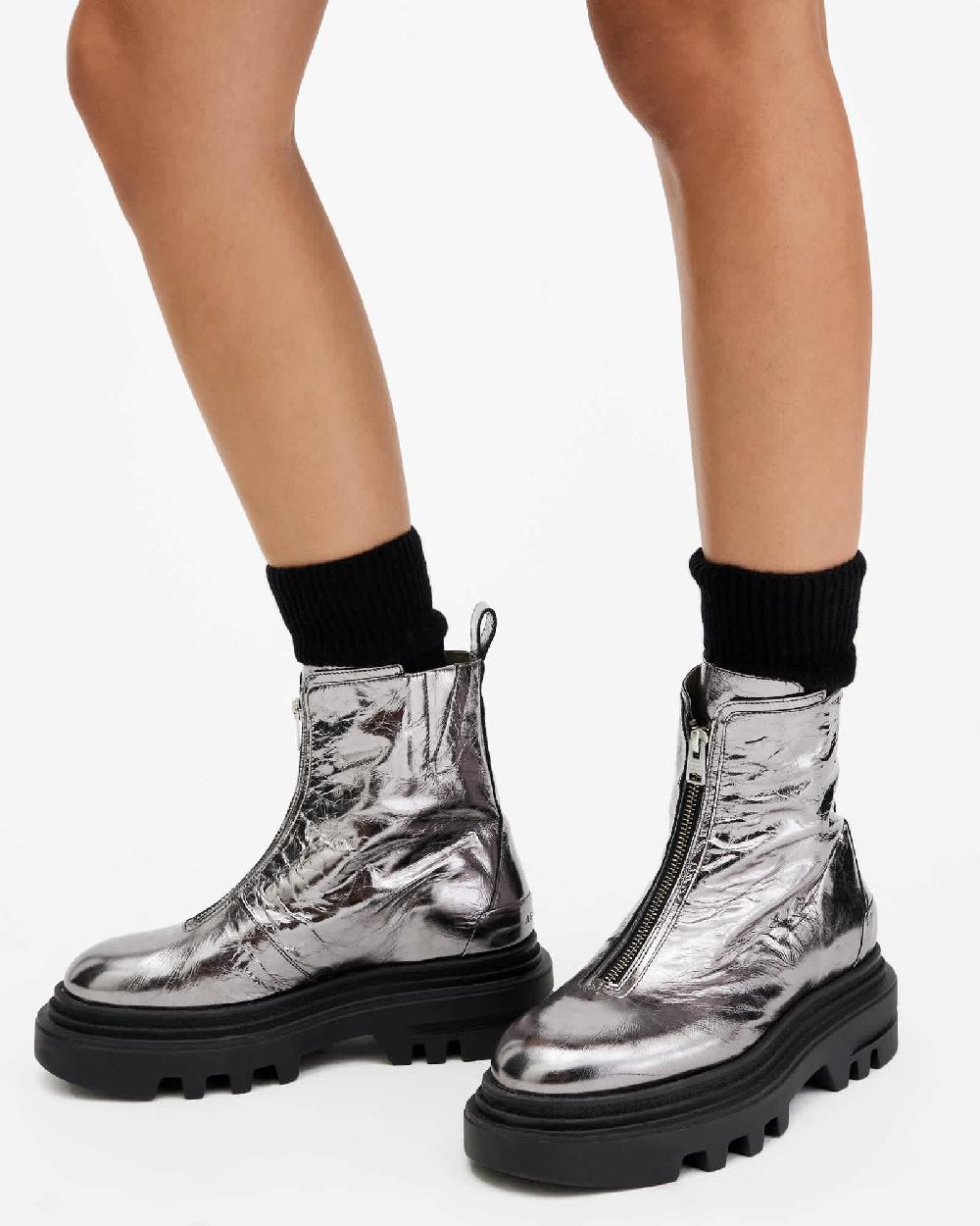 All Saints Othello Zip Leather Boots Gunmetal Grey