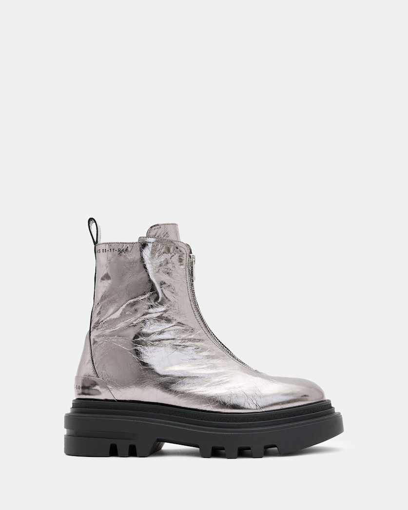 all saints Othello Zip Leather Boots Gunmetal Grey