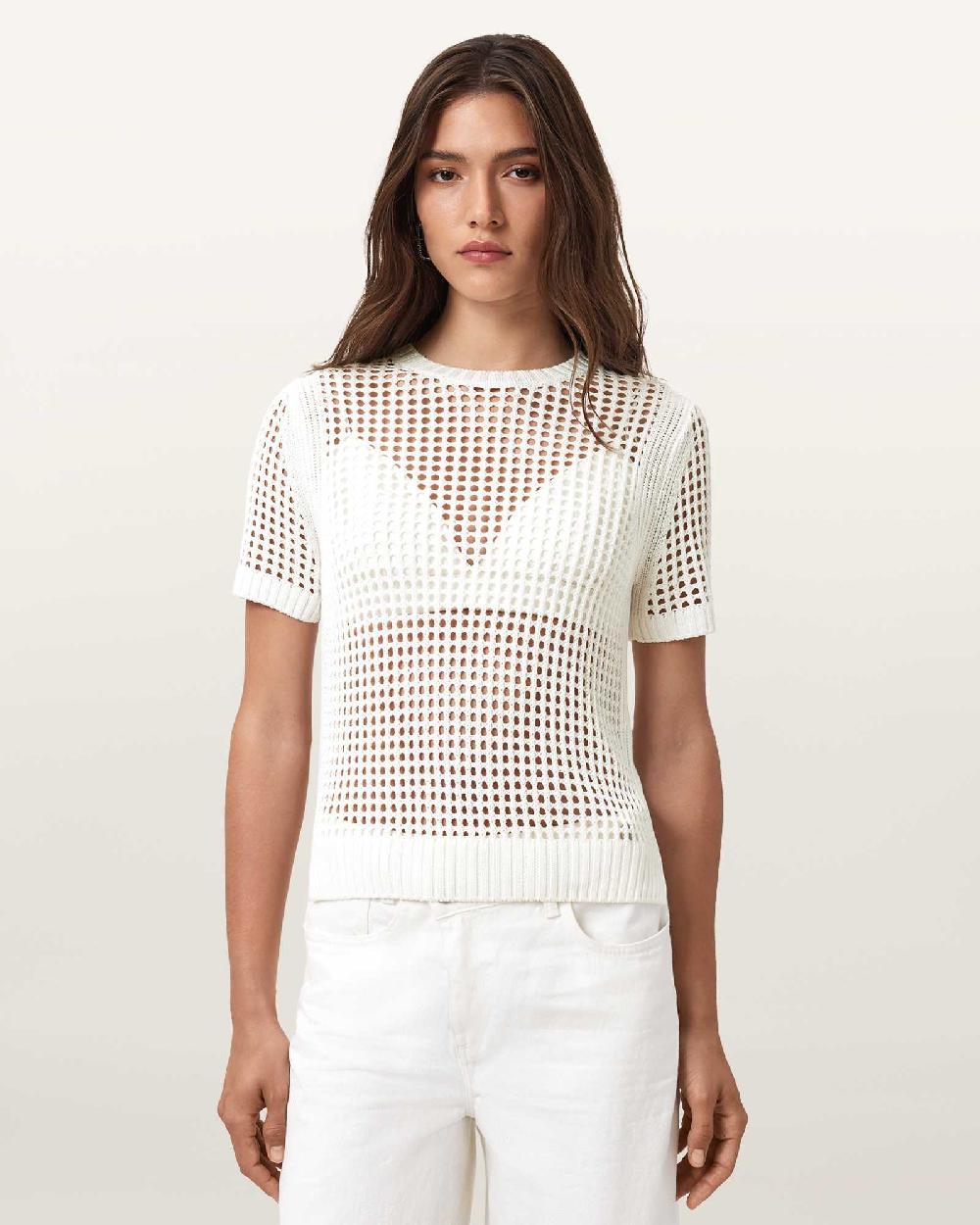All Saints Paloma Open-Knit T-Shirt Chalk White