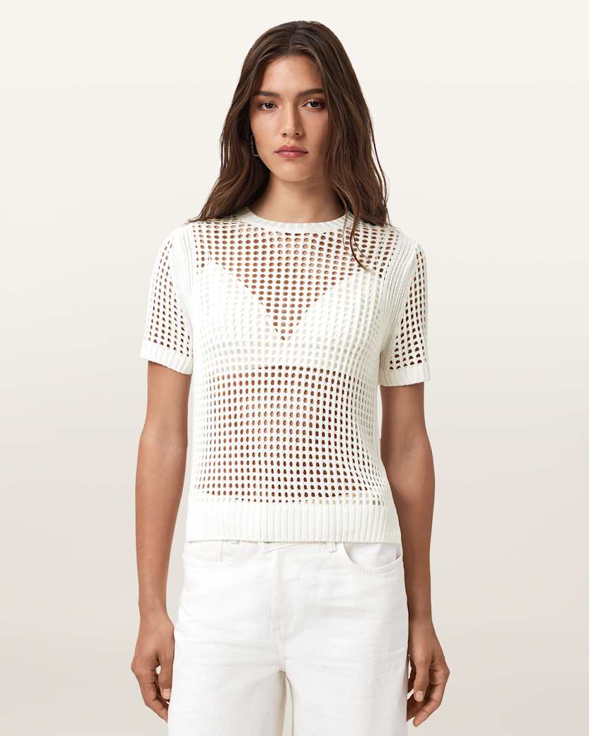 all saints Paloma Open-Knit T-Shirt Chalk White
