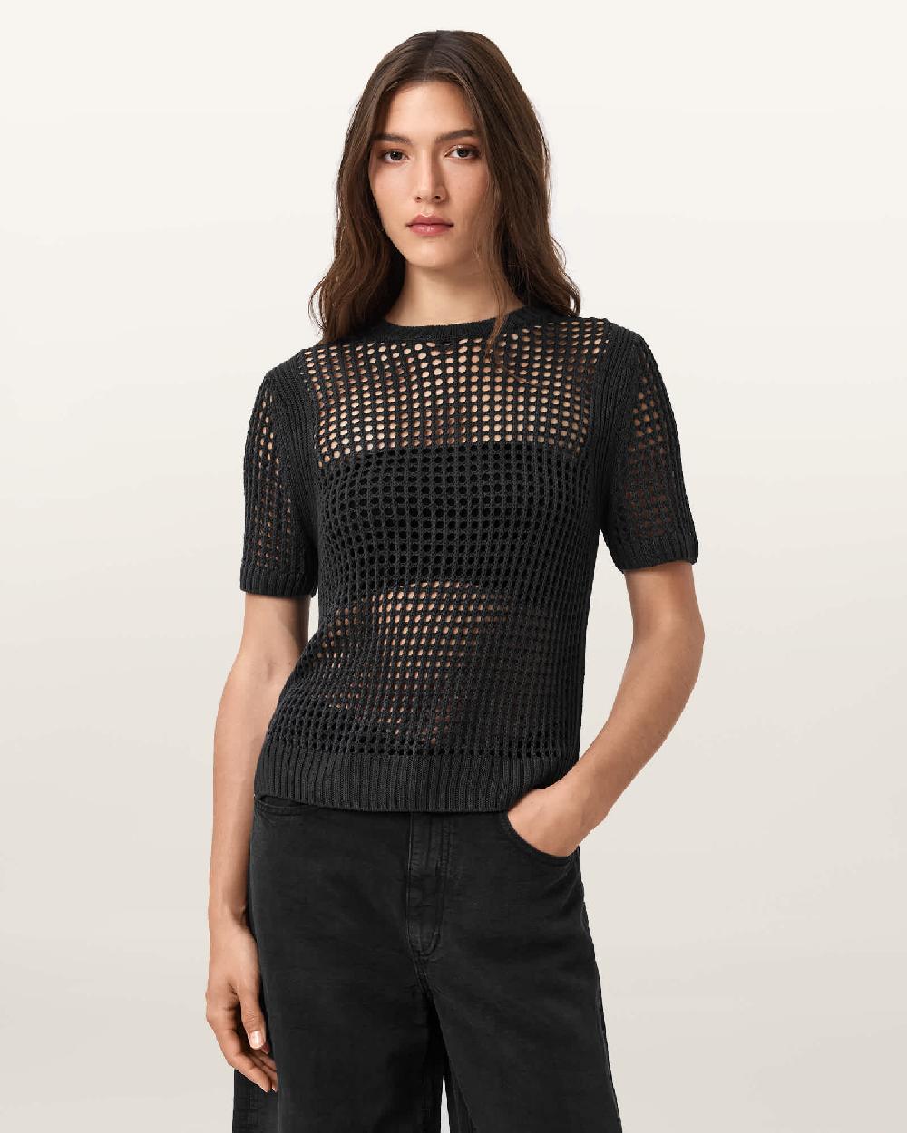 All Saints Paloma Open-Knit T-Shirt Charcoal Grey