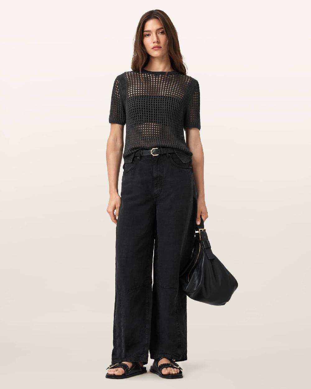 All Saints Paloma Open-Knit T-Shirt Charcoal Grey