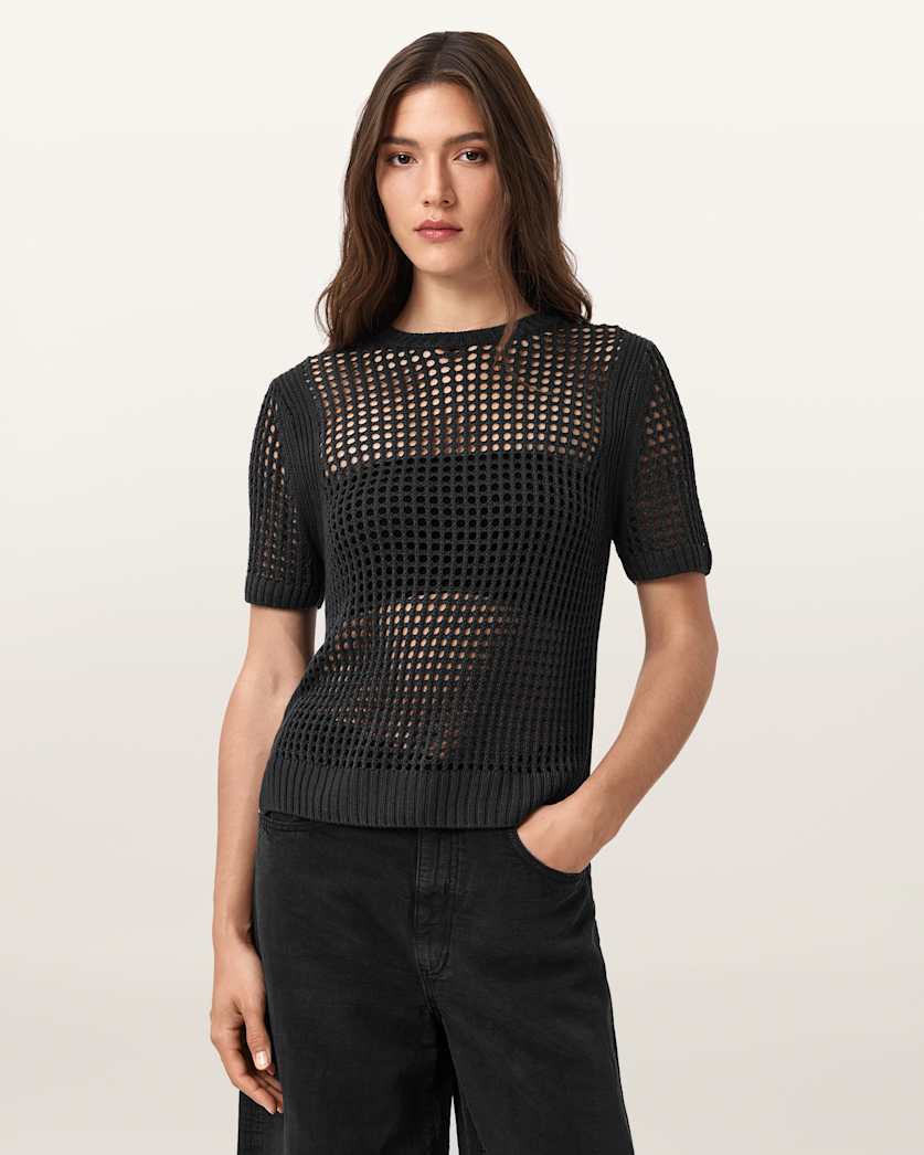 all saints Paloma Open-Knit T-Shirt Charcoal Grey