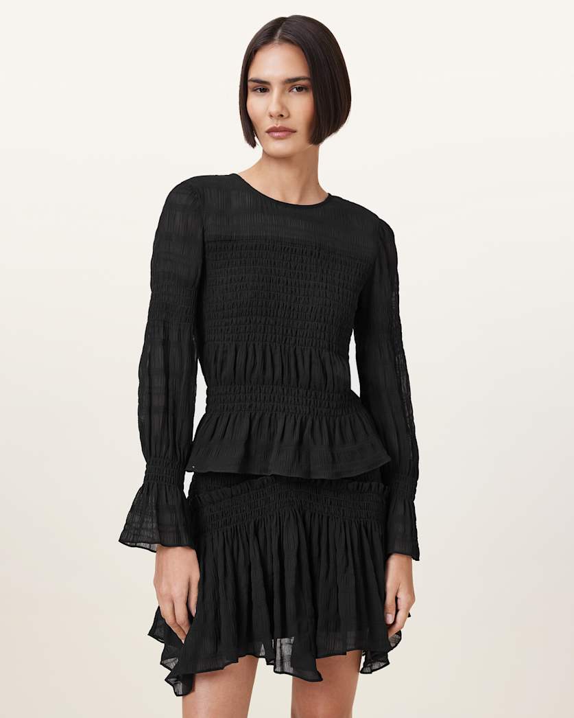 all saints Pamela Flared Long Sleeve Top Black