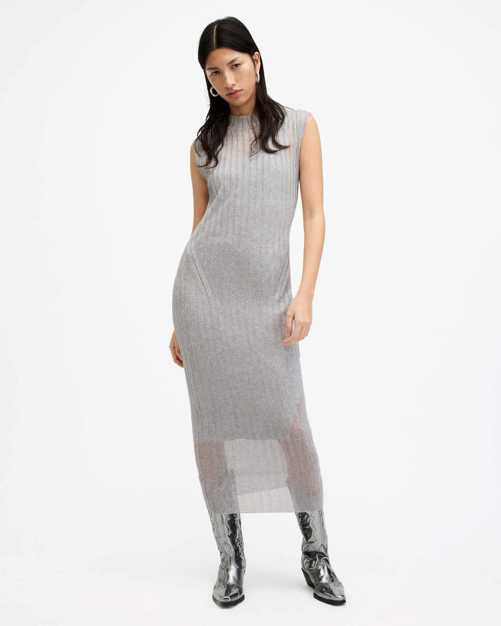 All Saints Patrice 2-In-1 Ribbed Midi Dress Silver