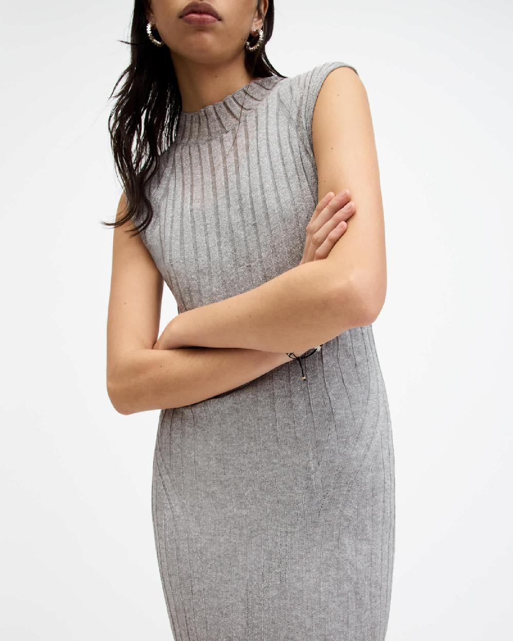 All Saints Patrice 2-In-1 Ribbed Midi Dress Silver