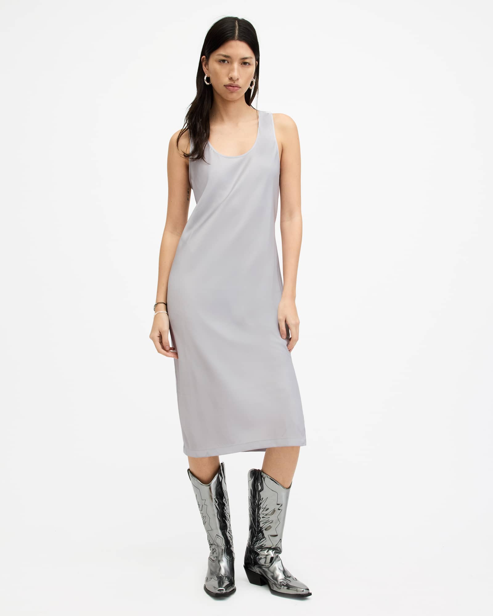 All Saints Patrice 2-In-1 Ribbed Midi Dress Silver