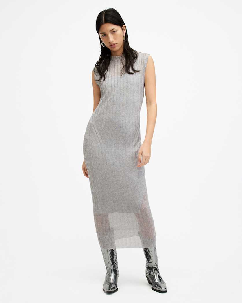 all saints Patrice 2-In-1 Ribbed Midi Dress Silver