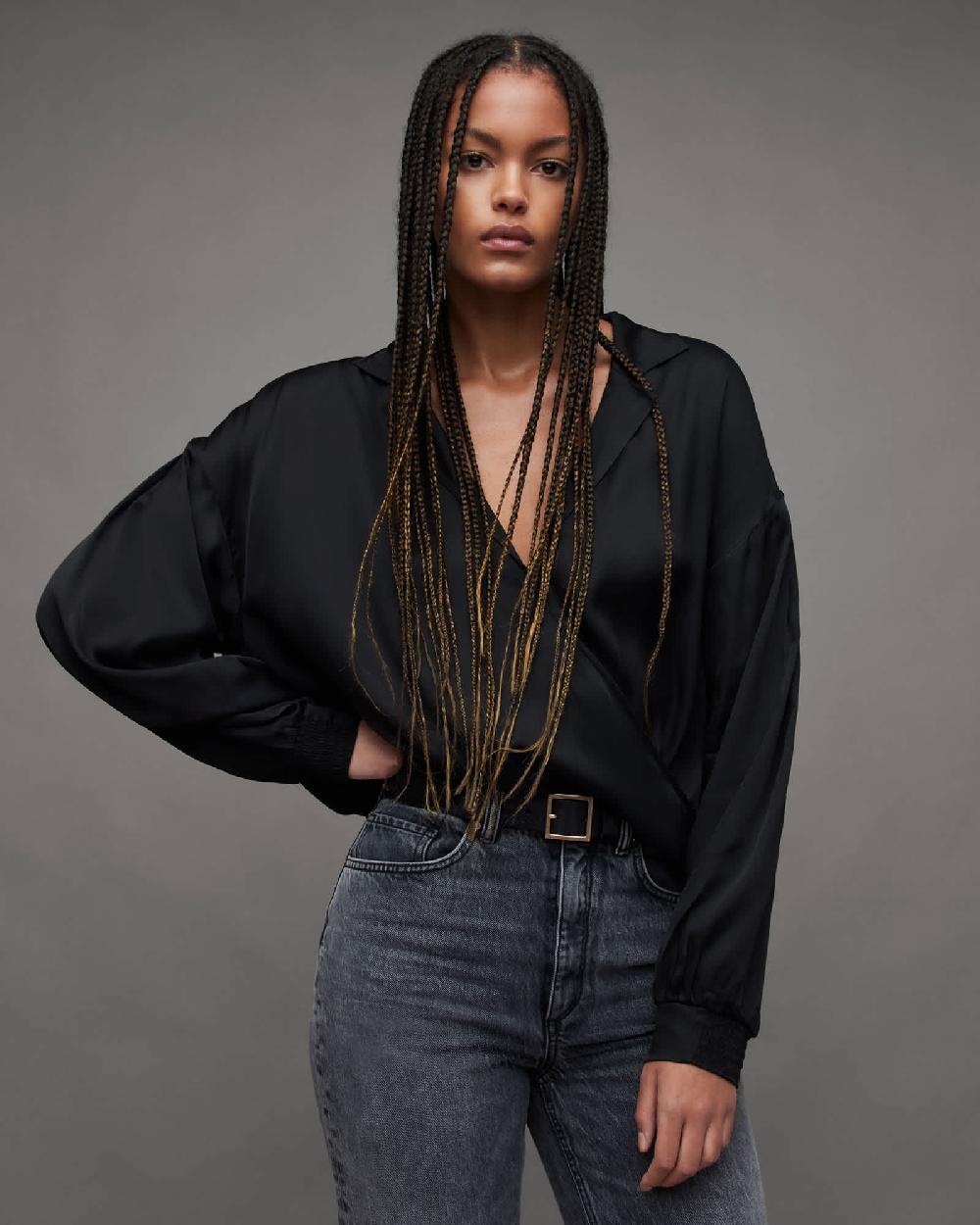 All Saints Penny Wrap Over Deep V-Neck Shirt Black