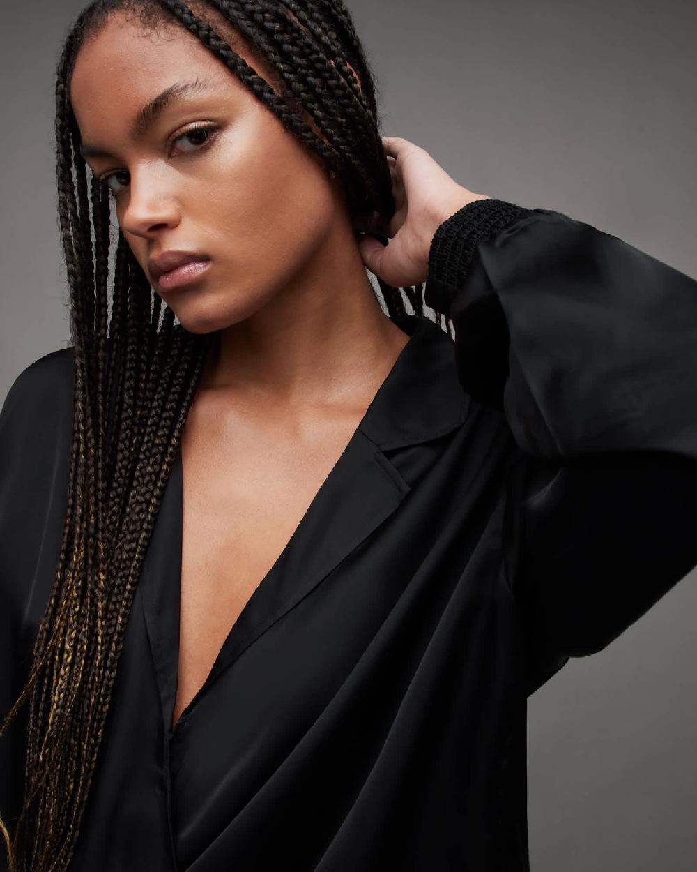 All Saints Penny Wrap Over Deep V-Neck Shirt Black