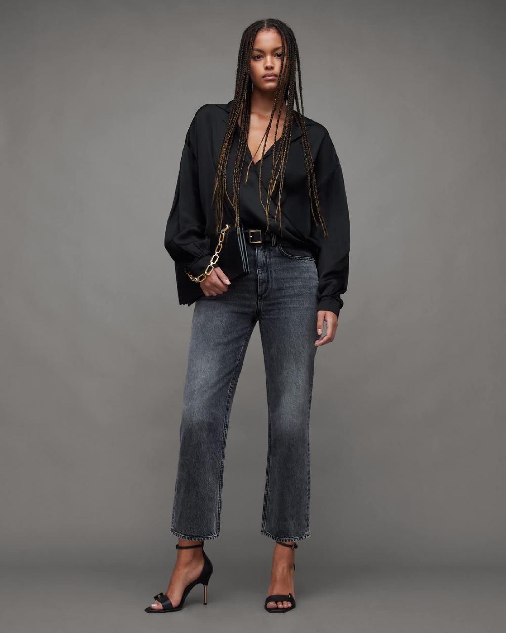 All Saints Penny Wrap Over Deep V-Neck Shirt Black