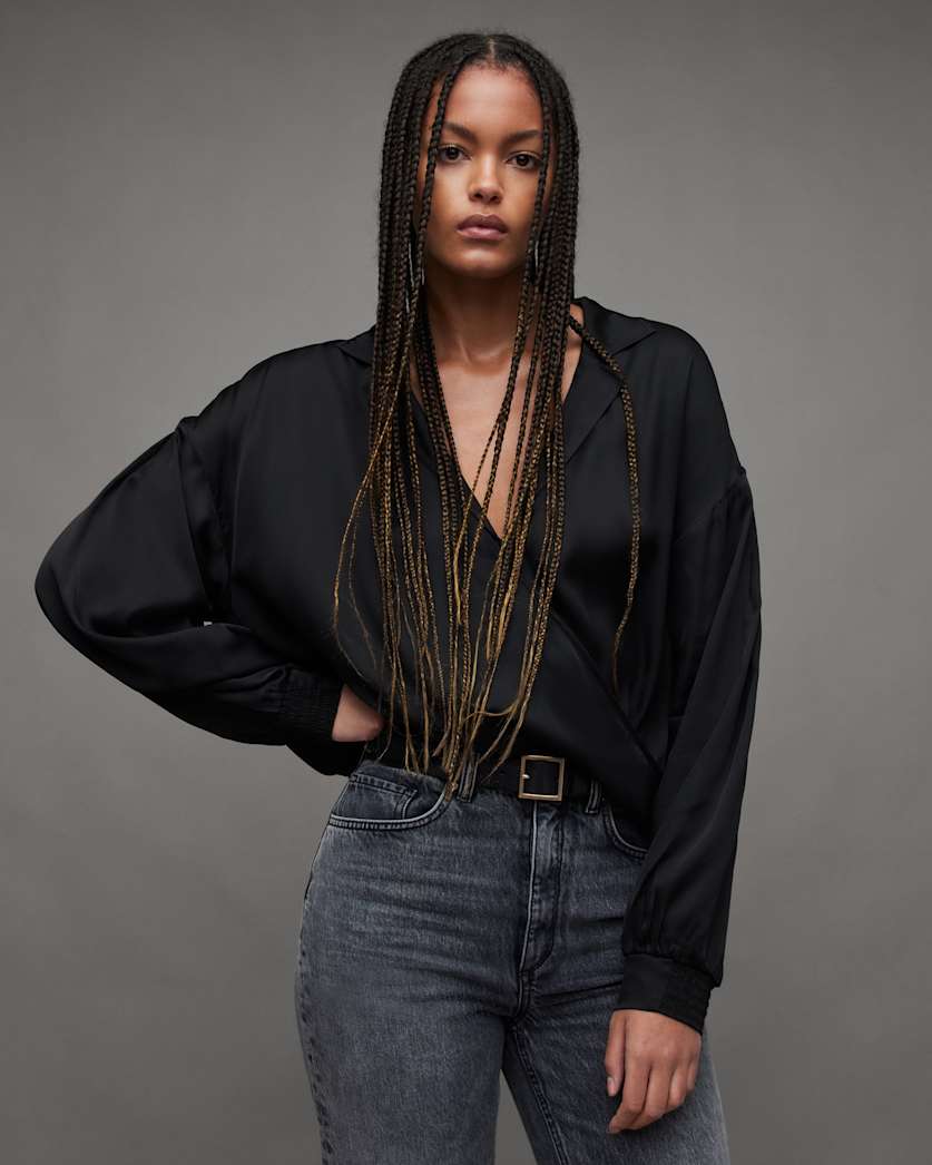 all saints Penny Wrap Over Deep V-Neck Shirt Black