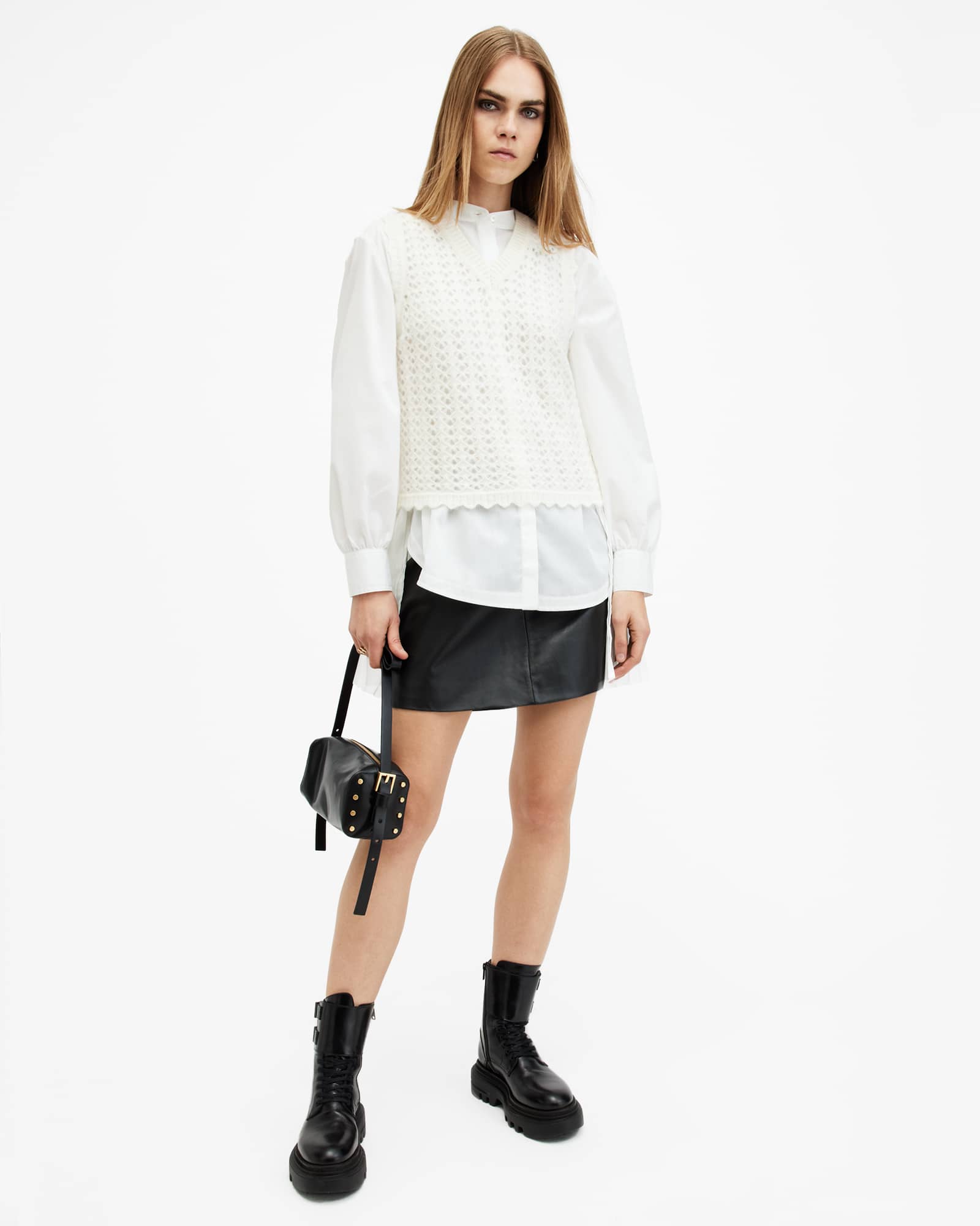 All Saints Percy Pleated Relaxed Fit Shirt White