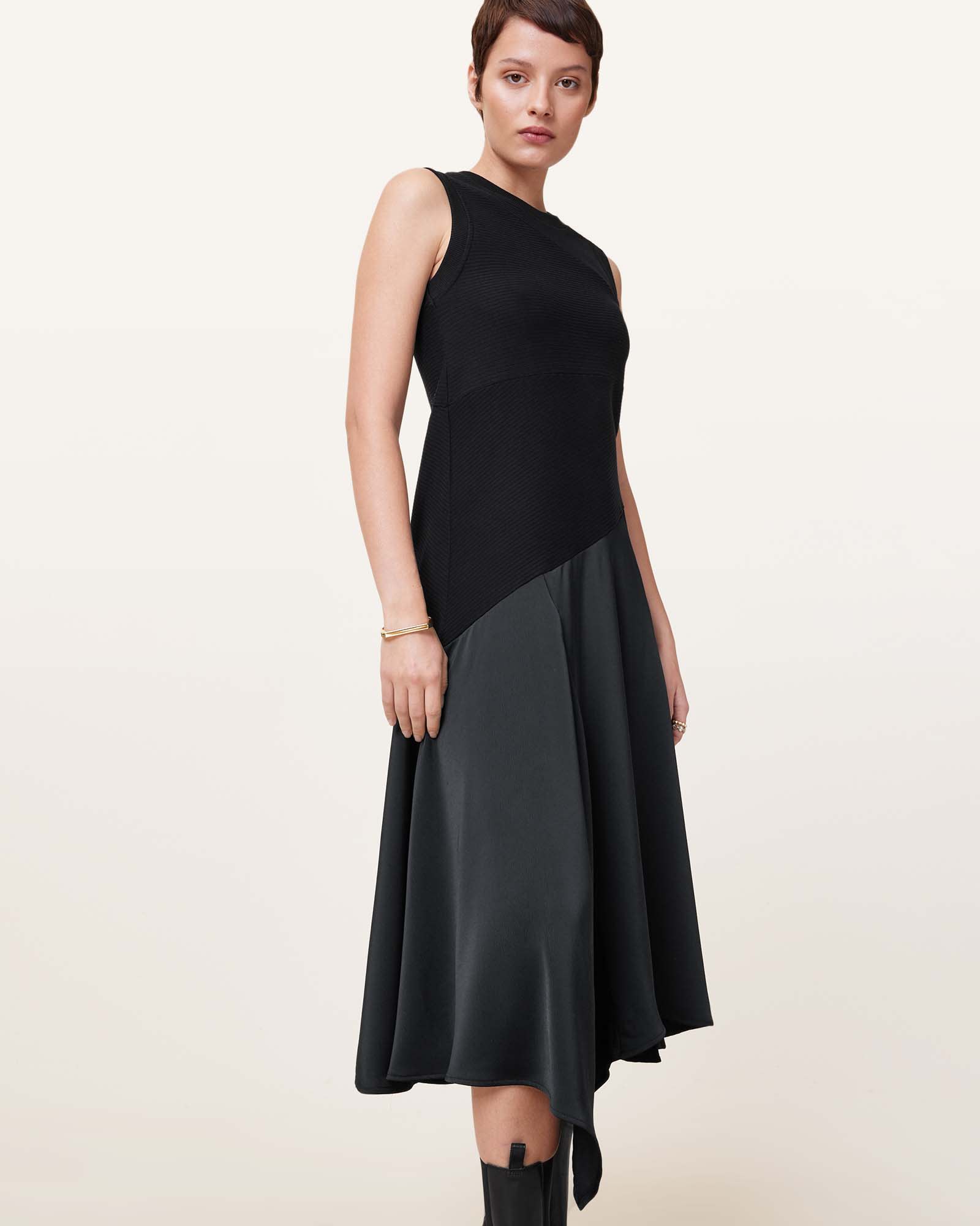 All Saints Pia Asymmetric Satin Dress Black
