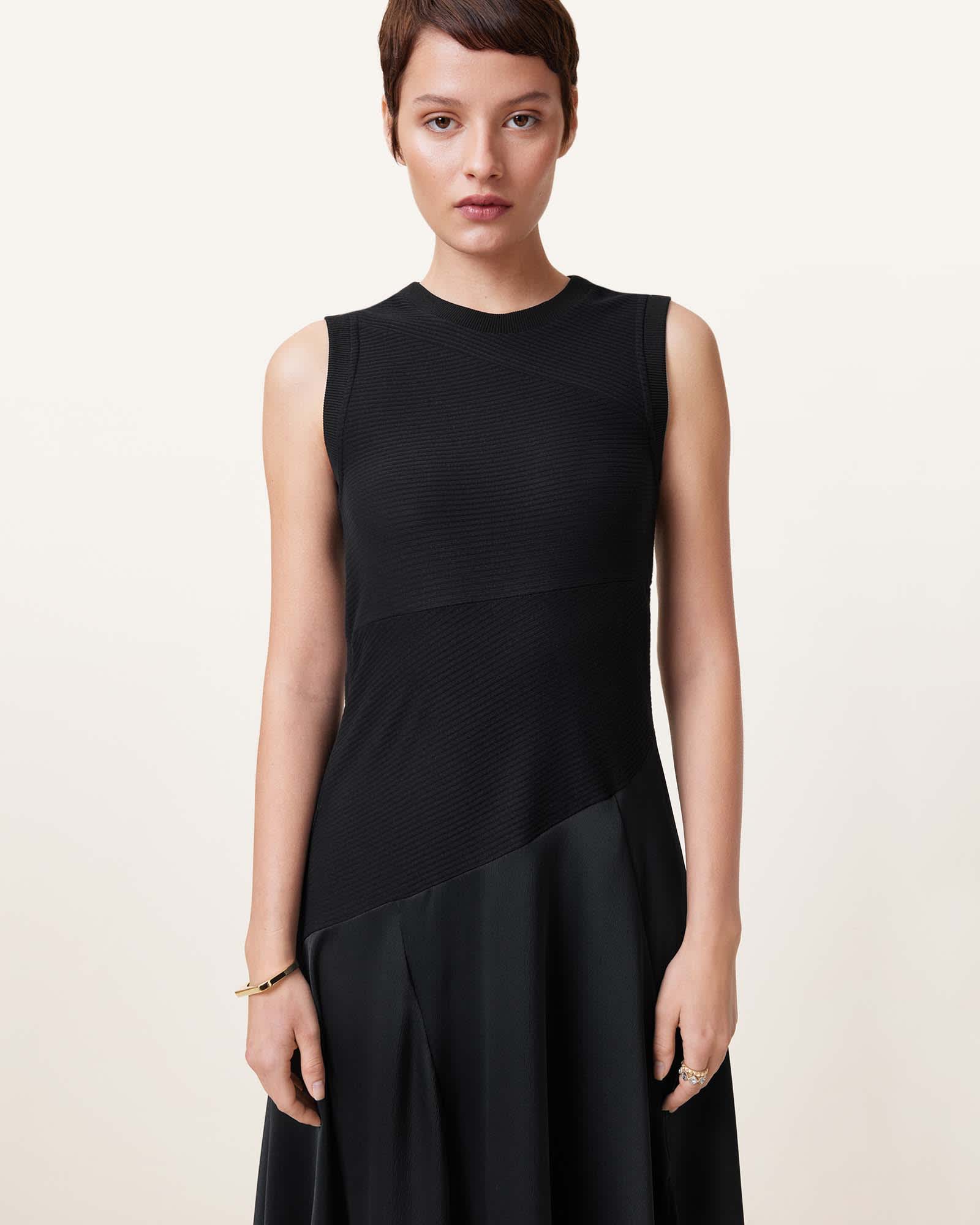 All Saints Pia Asymmetric Satin Dress Black
