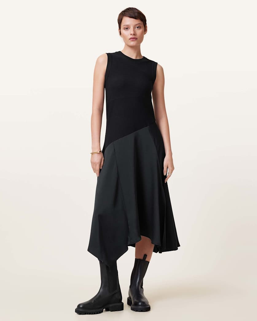 all saints Pia Asymmetric Satin Dress Black