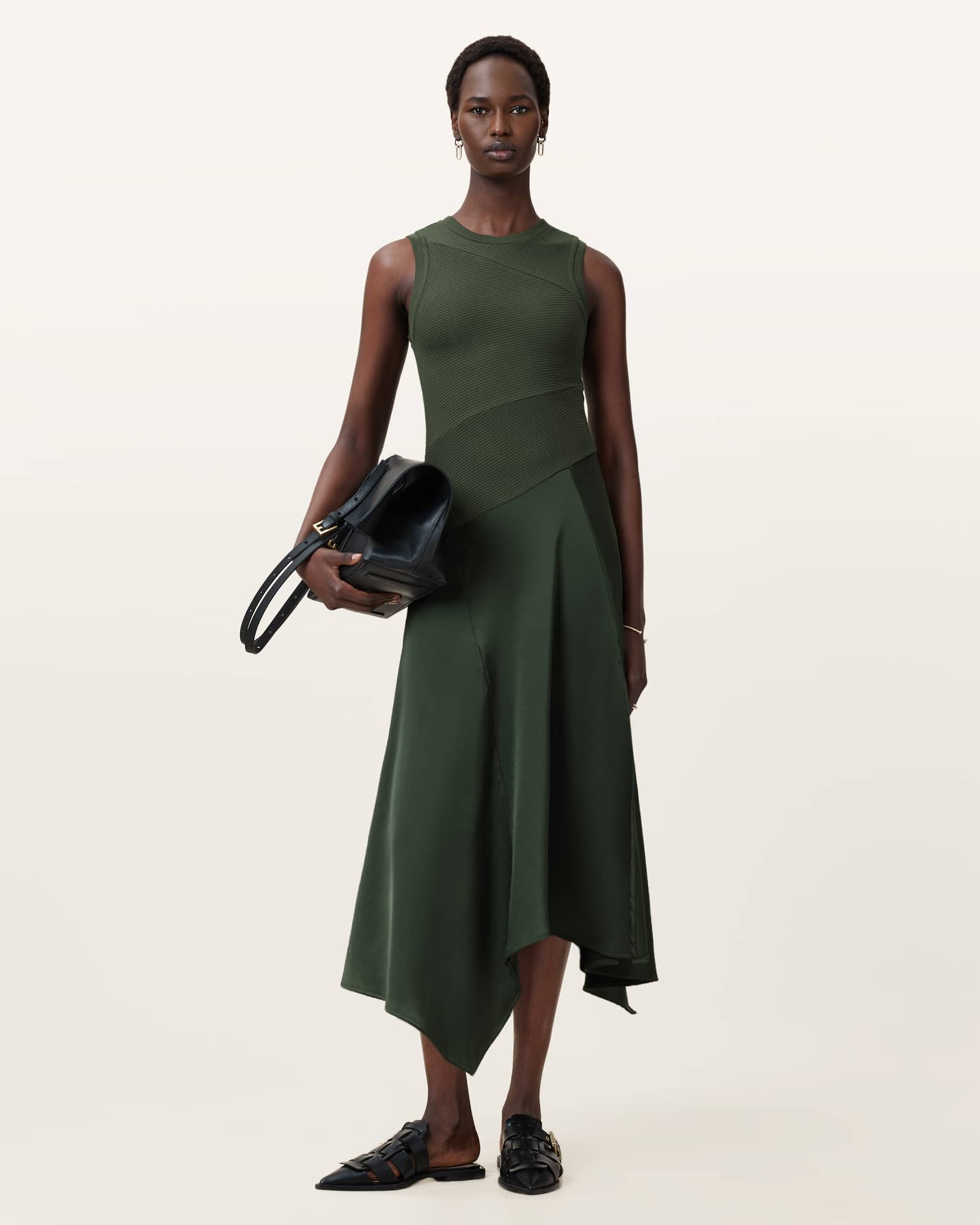 All Saints Pia Asymmetric Satin Dress Rifle Green