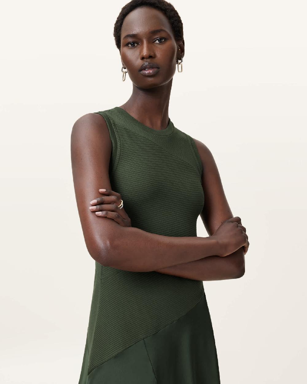 All Saints Pia Asymmetric Satin Dress Rifle Green