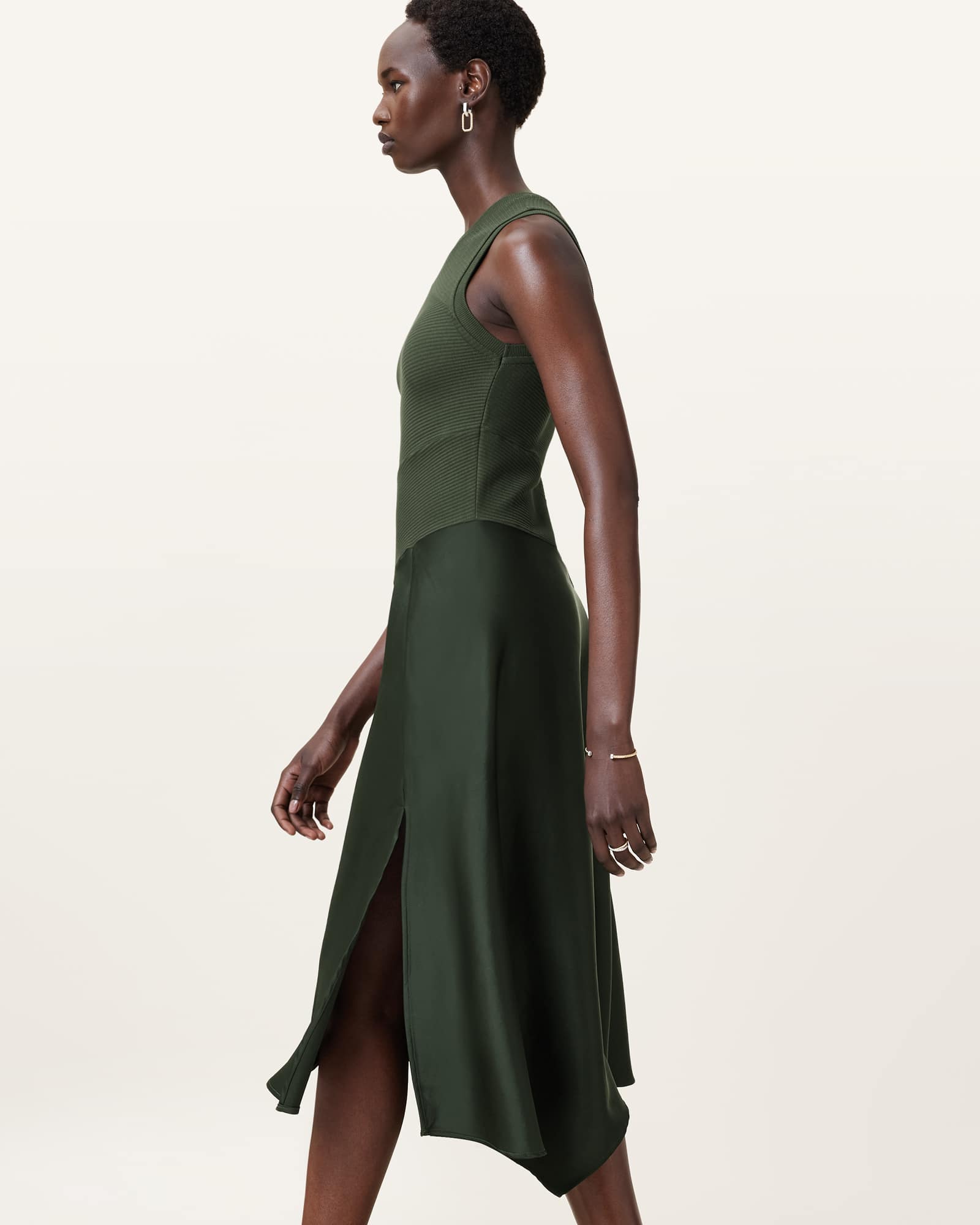All Saints Pia Asymmetric Satin Dress Rifle Green