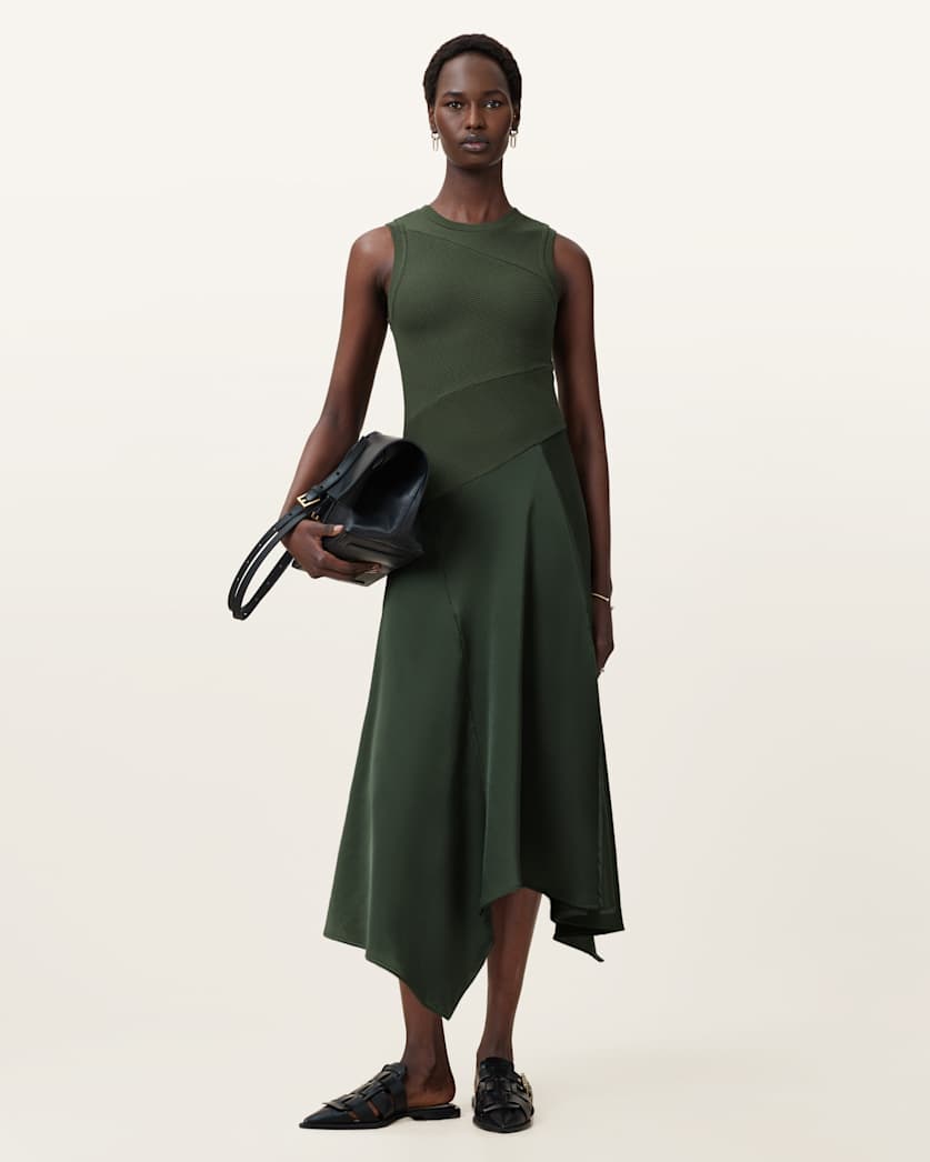 all saints Pia Asymmetric Satin Dress Rifle Green