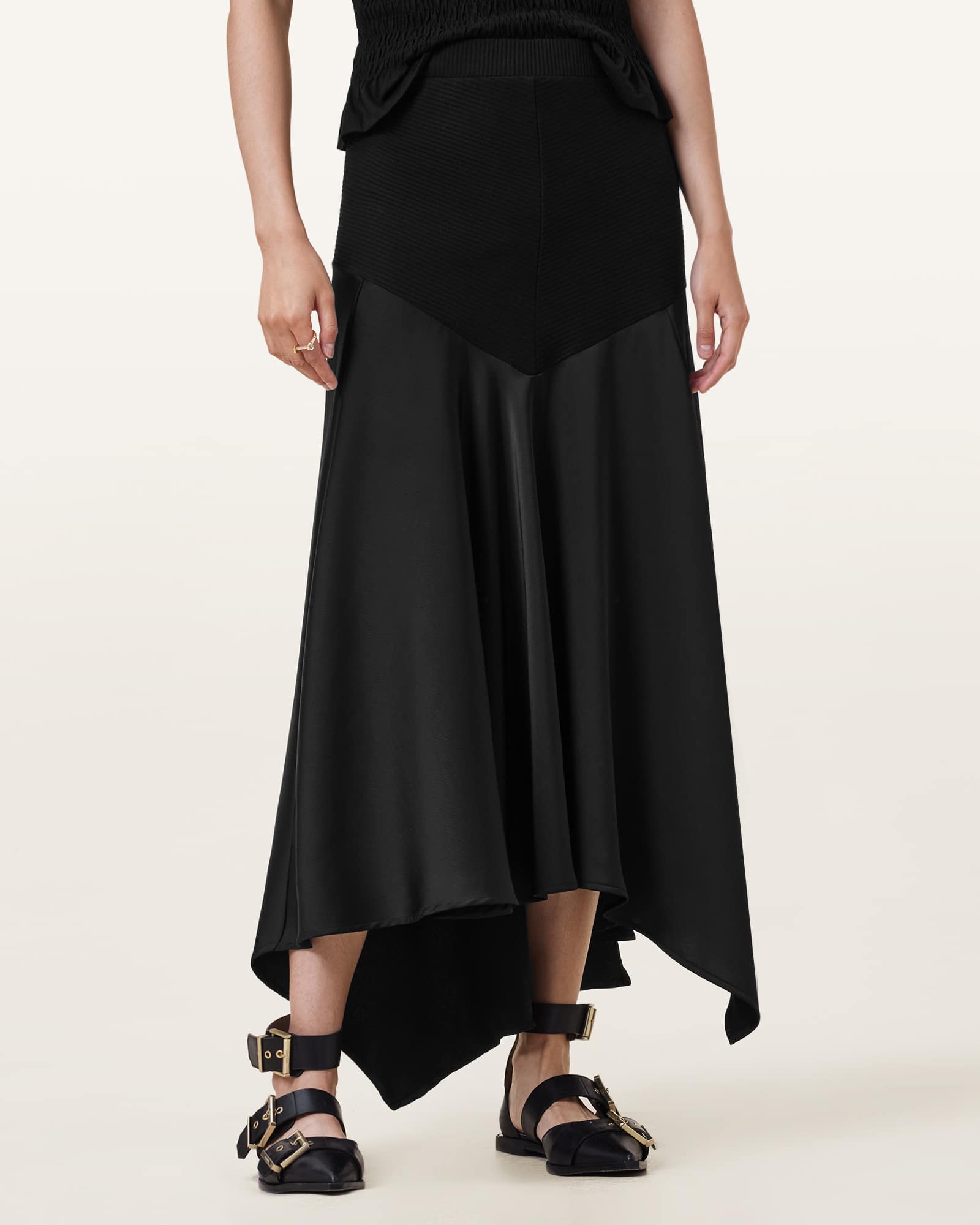 All Saints Pia Satin Asymmetric Maxi Skirt Black