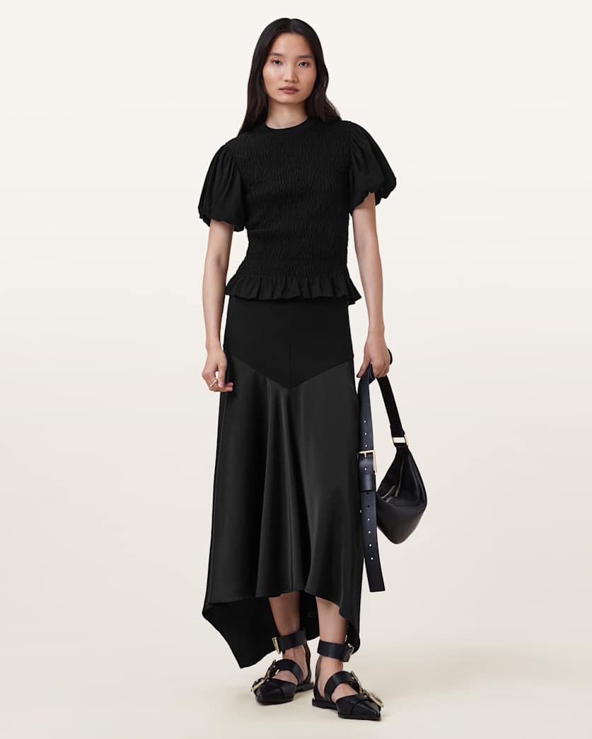 all saints Pia Satin Asymmetric Maxi Skirt Black