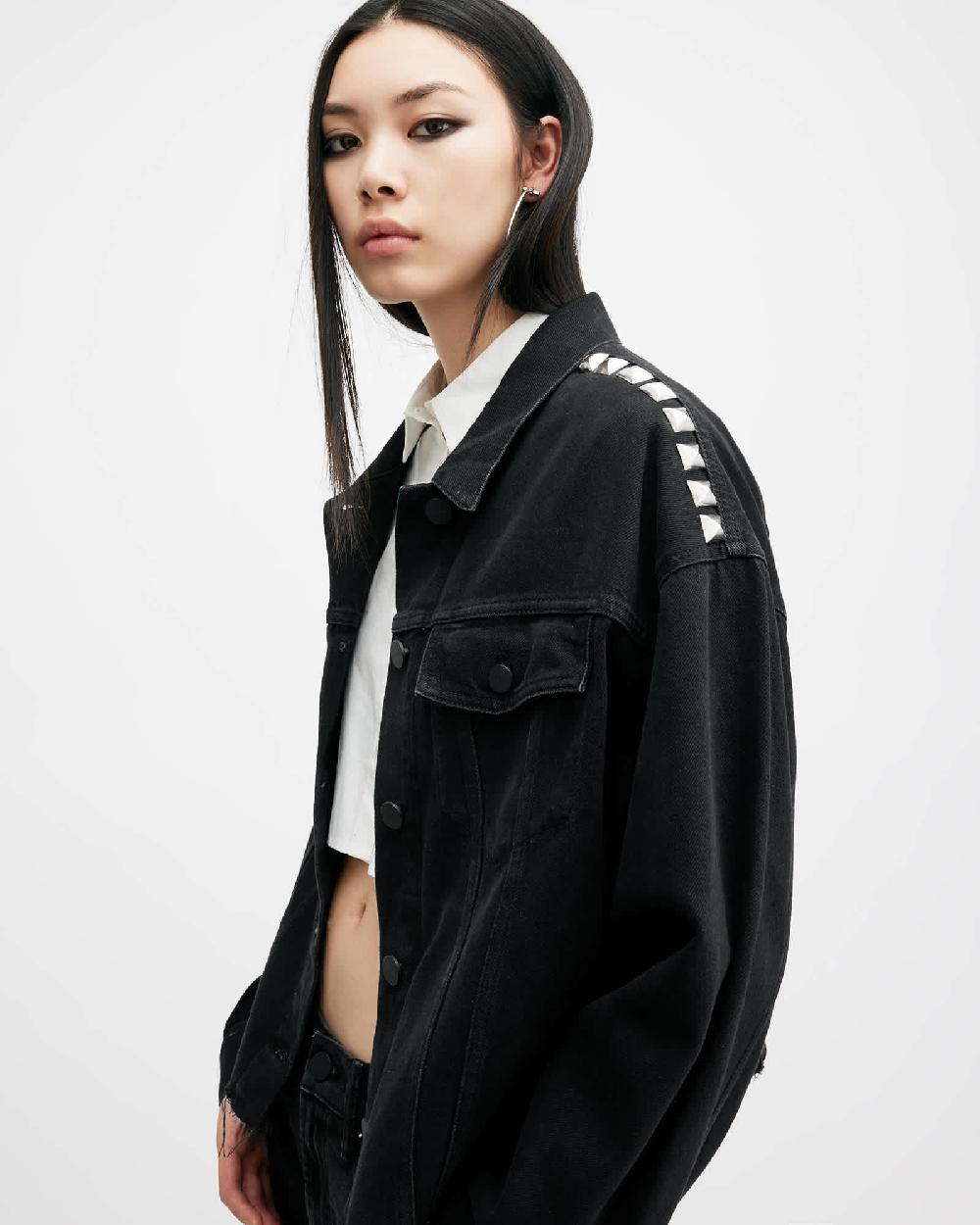 All Saints Piper Studded Denim Jacket Black