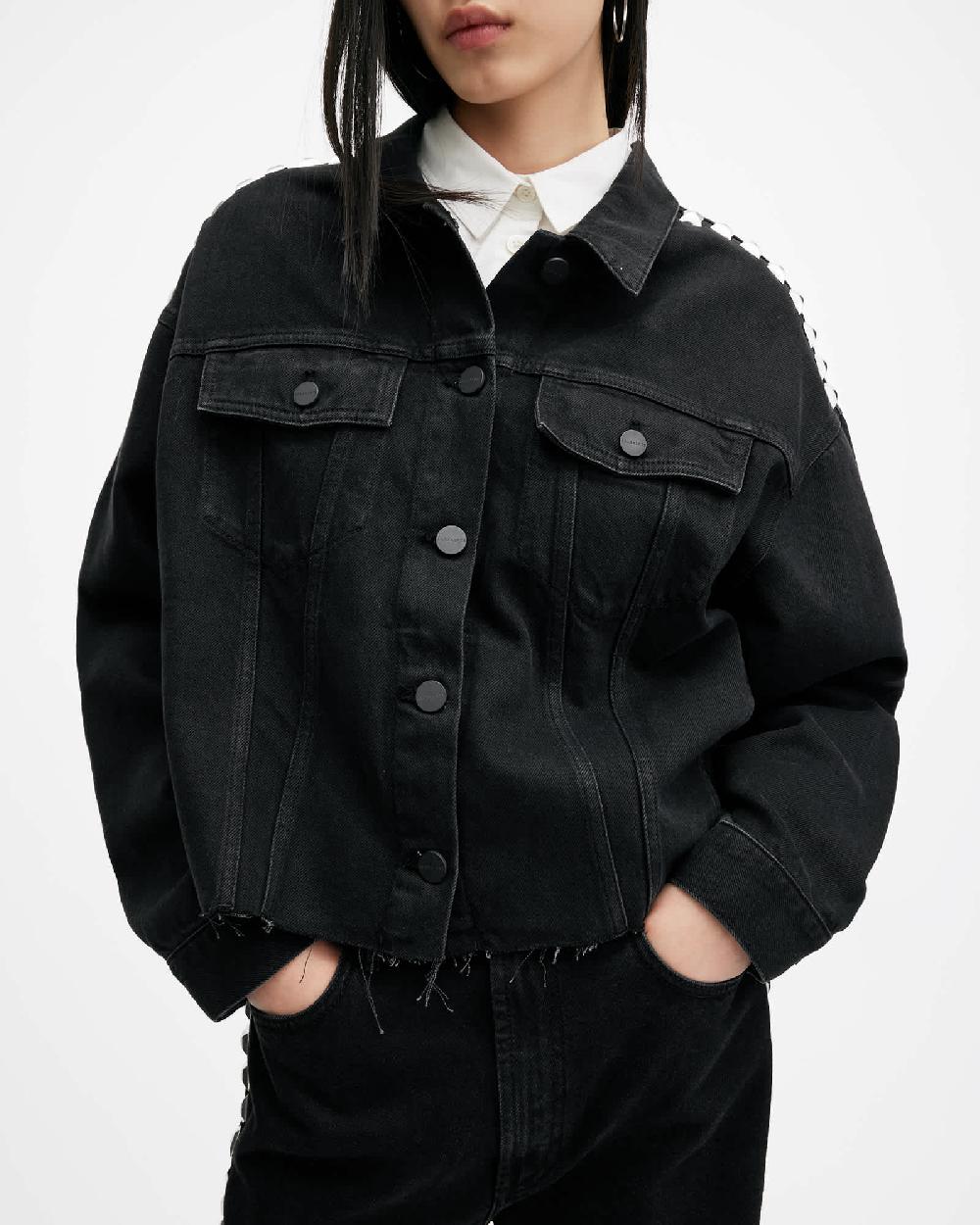 All Saints Piper Studded Denim Jacket Black